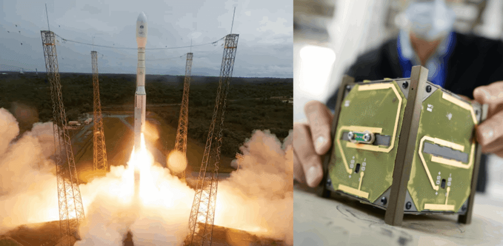 This picture shows the launch of the Vega C rocket from the Guiana Space Center in French Guiana (Image left: ESA – S. Corvaja), with the CELESTA Radiation Model, taken whilst inside the CHARM radiation testing facility at CERN. (Image: CERN)